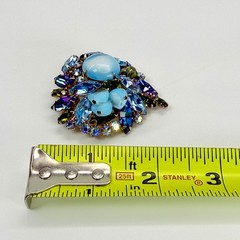 Vintage Blue Aurora Borealis Rhinestone Brooch Pin Flowers Blue Stone