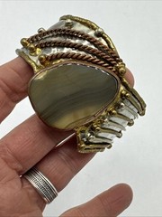 Vtg Modernist Mixed Metals Polished Agate Stone Chunky Cuff Bracelet 8″