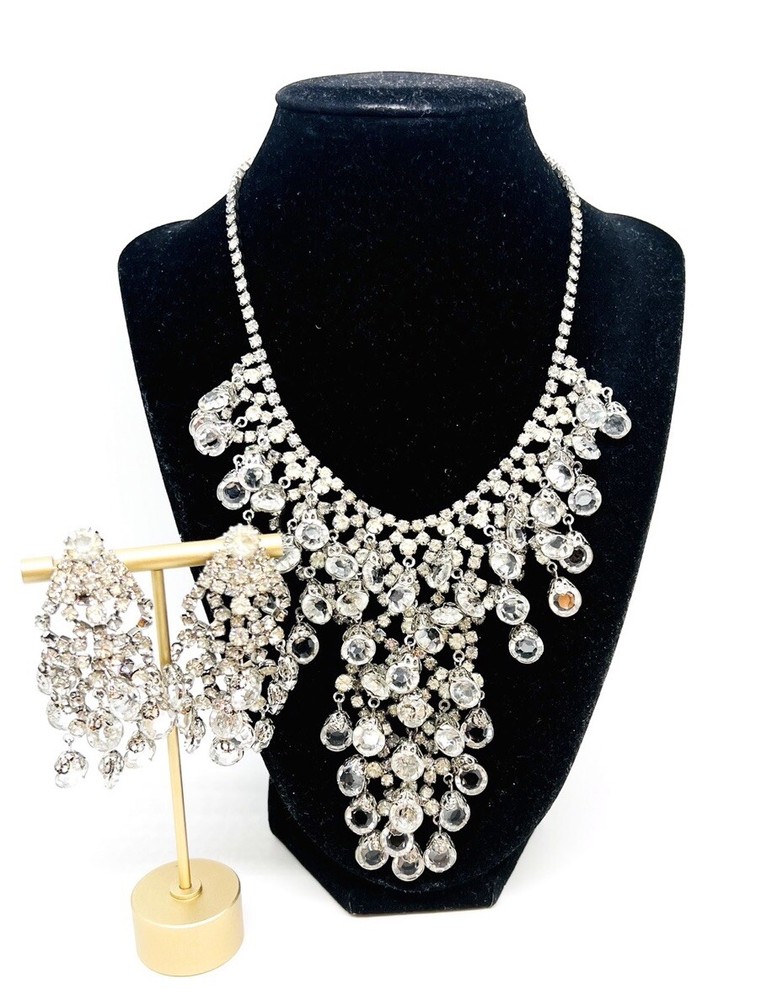 JULIANA Delizza & Elster Bezel Set Crystal Bib Necklace Earrings Vintage Jewelry