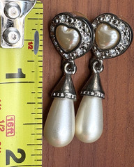 Vintage Carol Lee Clip Heart Dangle Faux Pearl & Rhinestone Earrings Pierced NEW