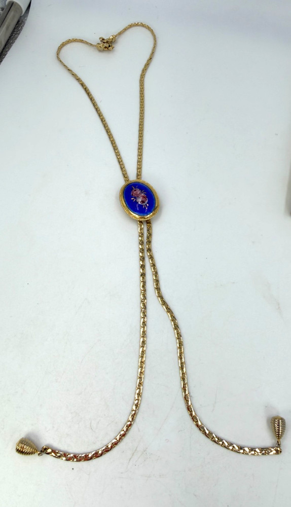Vintage Necklace Bolo Lariat Blue Rose Painted Enamel Slider 30 inches