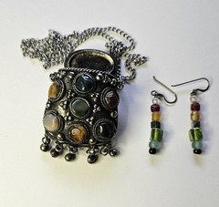 Vintage SAJAI TIBETAN PURSE PENDANT W/ SEMI PRECIOUS STONES IN SILVER METAL SET