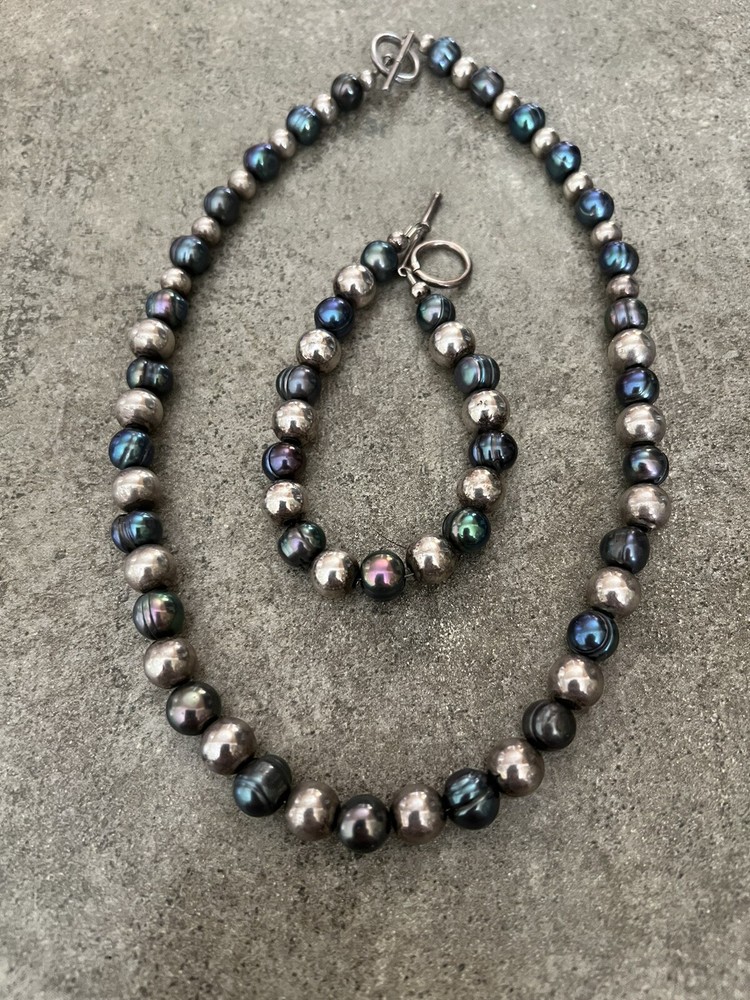QVC JTV Peacock Cultured Pearls & Sterling Silver Ball Beads Necklace & Bracelet