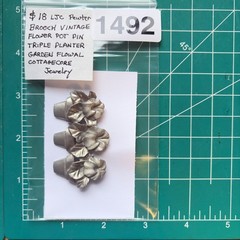 Brooch Vintage LJC Pewter Triple Flower Pot Pin Garden Floral Cottage Jewelry