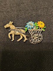 Vintage 1950s Marcasite and Enamel Rhodium Plated Donkey & Flower Cart Brooch