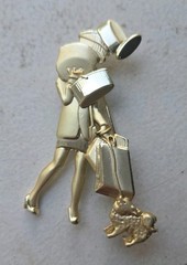 Vintage AJC Woman Shopper With Bags & Dog Gold Tone Pin Brooch