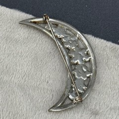 Vintage Rhinestone Brooch Silver Tone Crescent Moon