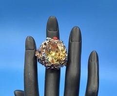 Vintage Floral Cocktail Ring Yellow Faceted Stone Multicolor Enamel Adjustable