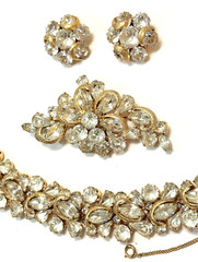 KRAMER NY Gold Tone Half Circle Clear Rhinestone Bracelet, Brooch & Earring Set