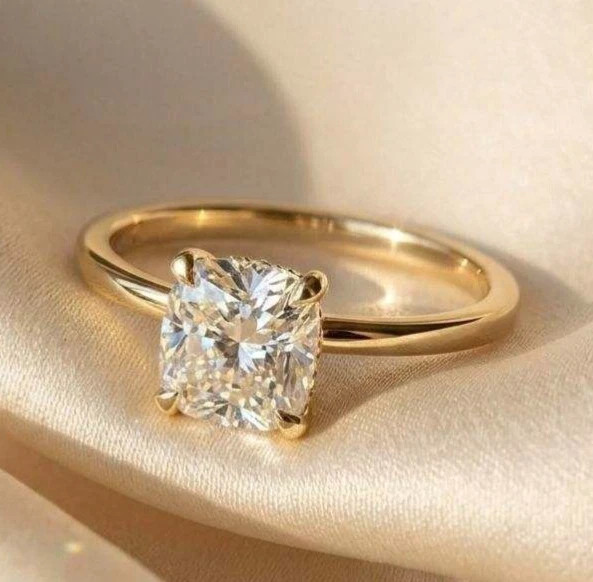 Pure 10K Yellow Gold FN Cushion Cut 2.00CT White Moissanite Women’s Party Ring