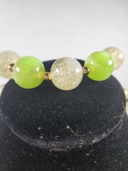 Vintage Acrylic Bead Necklace And Bracelet Lime Green White Gold Crackle Effect