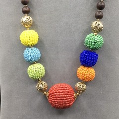 Vintage Graziano Seed Bead Round Ball Chunky Multicolor Boho Statement Necklace