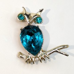 Brooch Pin Vintage Cerulean Blue Rhinestone Owl Bird Branch Animal Dodds Signed