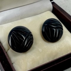 VTG Black Carved Bakelite Button Screw On Earrings MCM Boho