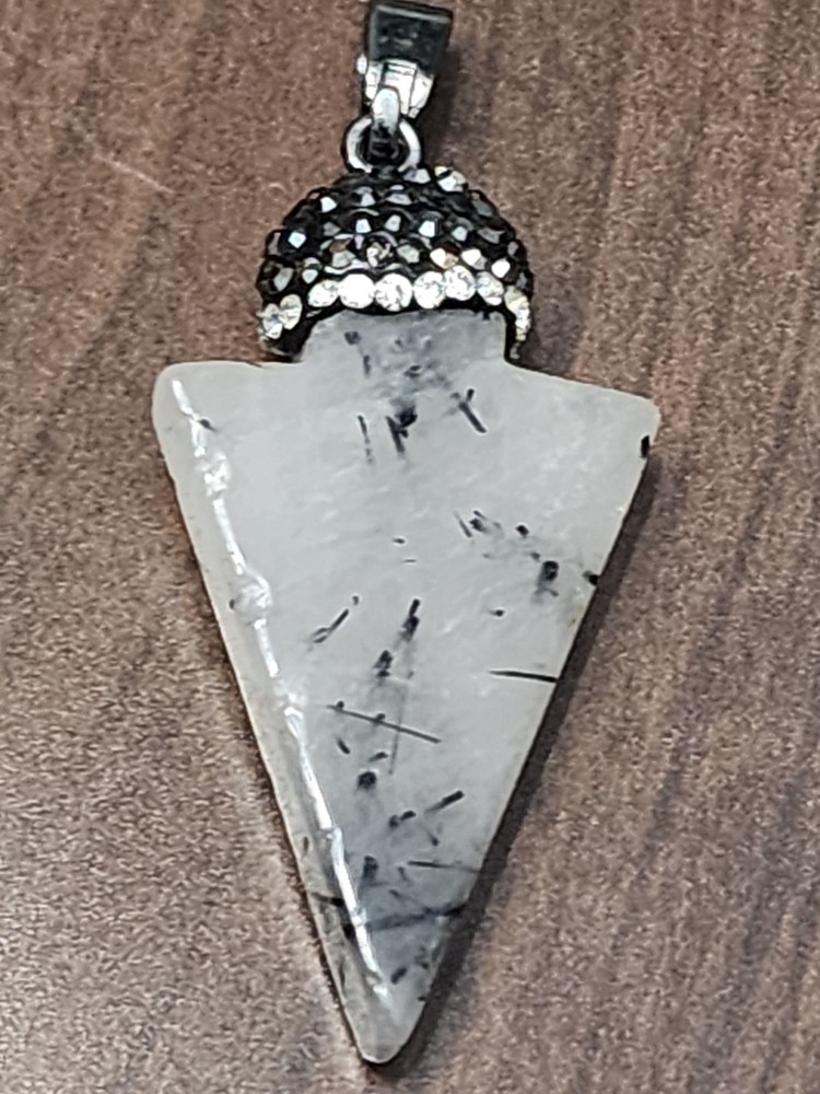 Vintage Rutilated Quartz Arrow, Gunmetal & White Crystal accents Pendant