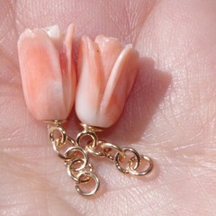ANTIQUE 14K GOLD ANGEL SKIN CORAL CARVED ROSE STUD DROP EARRINGS Made To Order