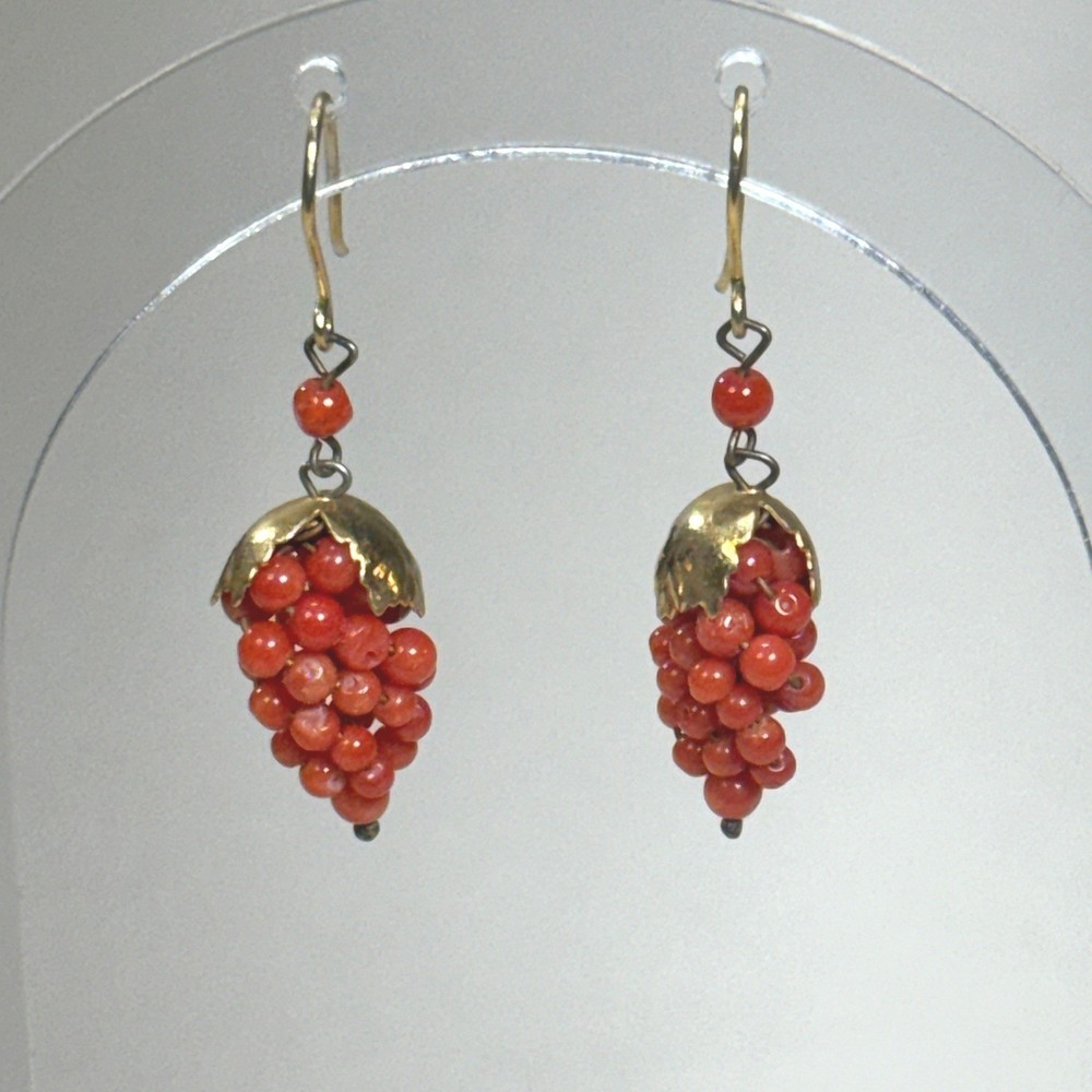 Vintage Gold Tone Red Coral Bead Grape Cluster Drop Earrings French Hook Retro