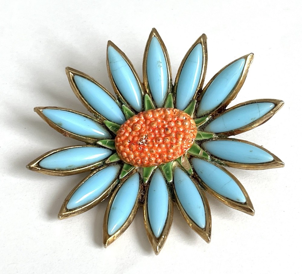 Vintage Signed CAPRI Turquoise Blue Flower Brooch Orange Enamel Gold Tone Pin