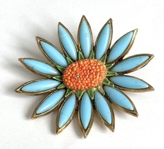 Vintage Signed CAPRI Turquoise Blue Flower Brooch Orange Enamel Gold Tone Pin