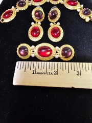Goldtone Brooch Earrings & Bracelet set w purple red stones & faux pearl- READ