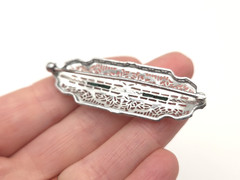 Vintage Art Deco Filigree Faux Gemstone Green Clear Glass Rhodium Plated Brooch