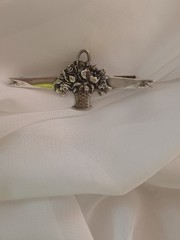Antique Sterling Flower Basket Pin Trombone Clasp Brooch Sterling Silver