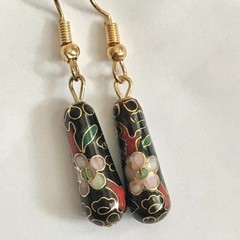 Vintage Pink Red Flower Cloisonne Earrings Black Enamel Gold Tone Taiwan Asian
