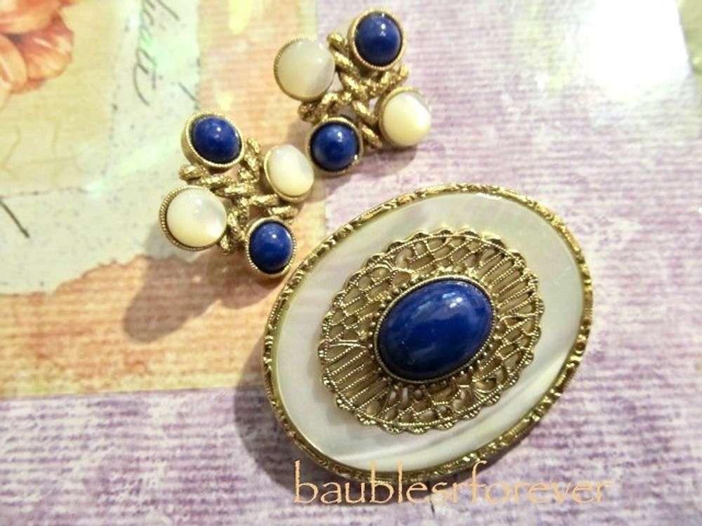 1928 Victorian Revival Mother of Pear & Lapis Blue Stone Pin & Earrings SET
