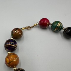 Vintage Wooden Bead Necklace Colorful Hand Painted Gold Accents Boho Artsy 30in