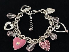 Vintage Silver Tone Heart Charm Bracelet Pink Rhinestone Dangle Lobster 8.5”Adj