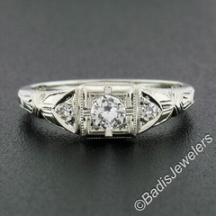 Antique Art Deco 18k White Gold 0.24ctw European Diamond Milgrain Engraved Ring