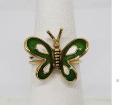 14k Yellow Gold White Green Enamel Butterfly Ring Vintage Size 6.5 R190