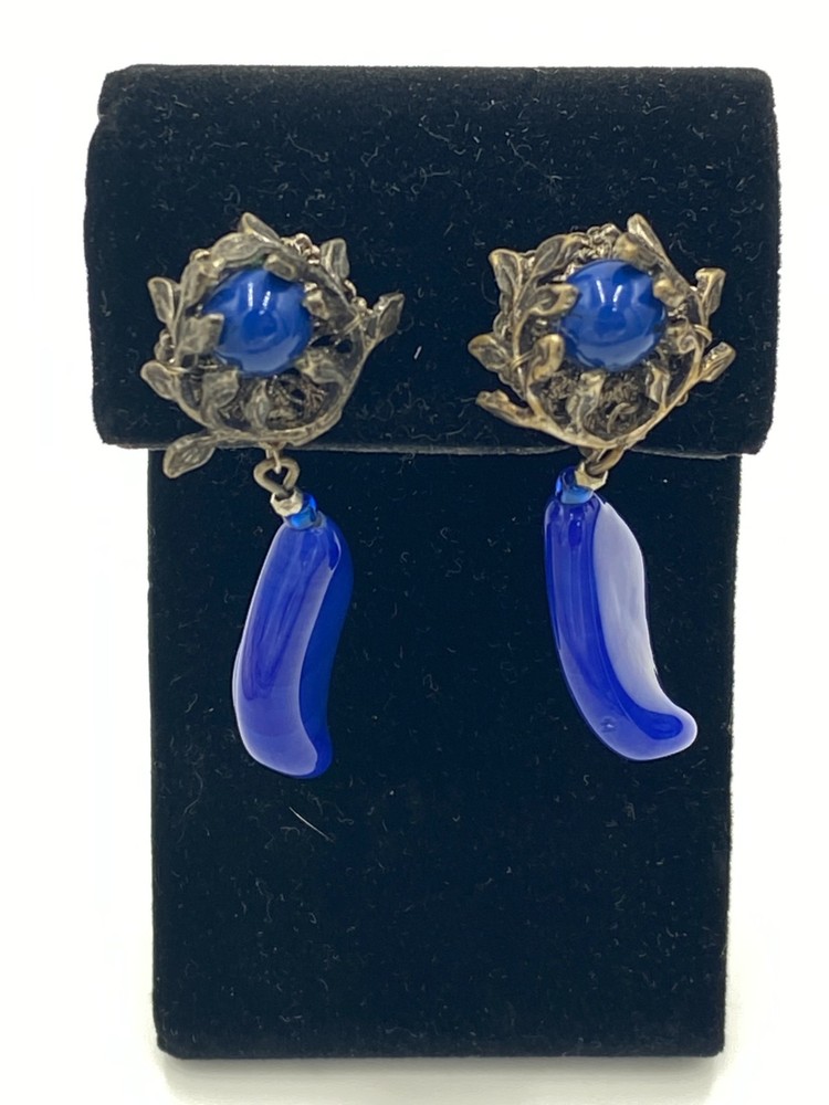 Vintage Miriam Haskell Faux Lapis Blue Silver Tone Drop Clip-On Earrings Signed