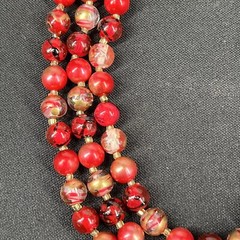 Vintage Red Pink Acrylic Triple Strand Beaded Necklace 20” Broken Clasp