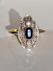 Art Deco Vintage 14k Gold Finish Lab Created Diamond & Sapphire Engagement Ring