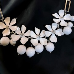 Vintage White Milk Glass Floral Necklace Enamel Cha Cha Rhinestone 16″-22.5″