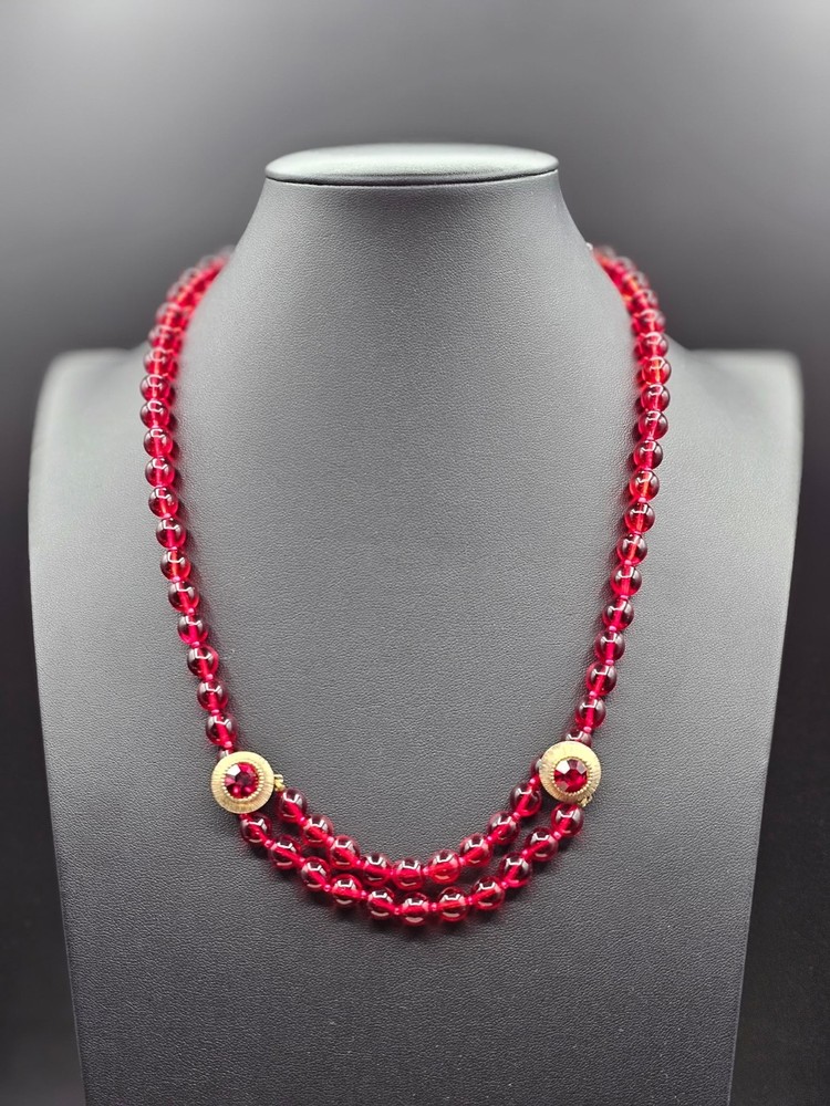 VINTAGE Judith McCann NY Red Glass Bead Gold Tone Necklace 25” GORGEOUS