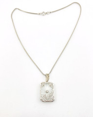 Vintage Camphor Glass Genuine Diamond Pendant Necklace Rhodium Plated Floral