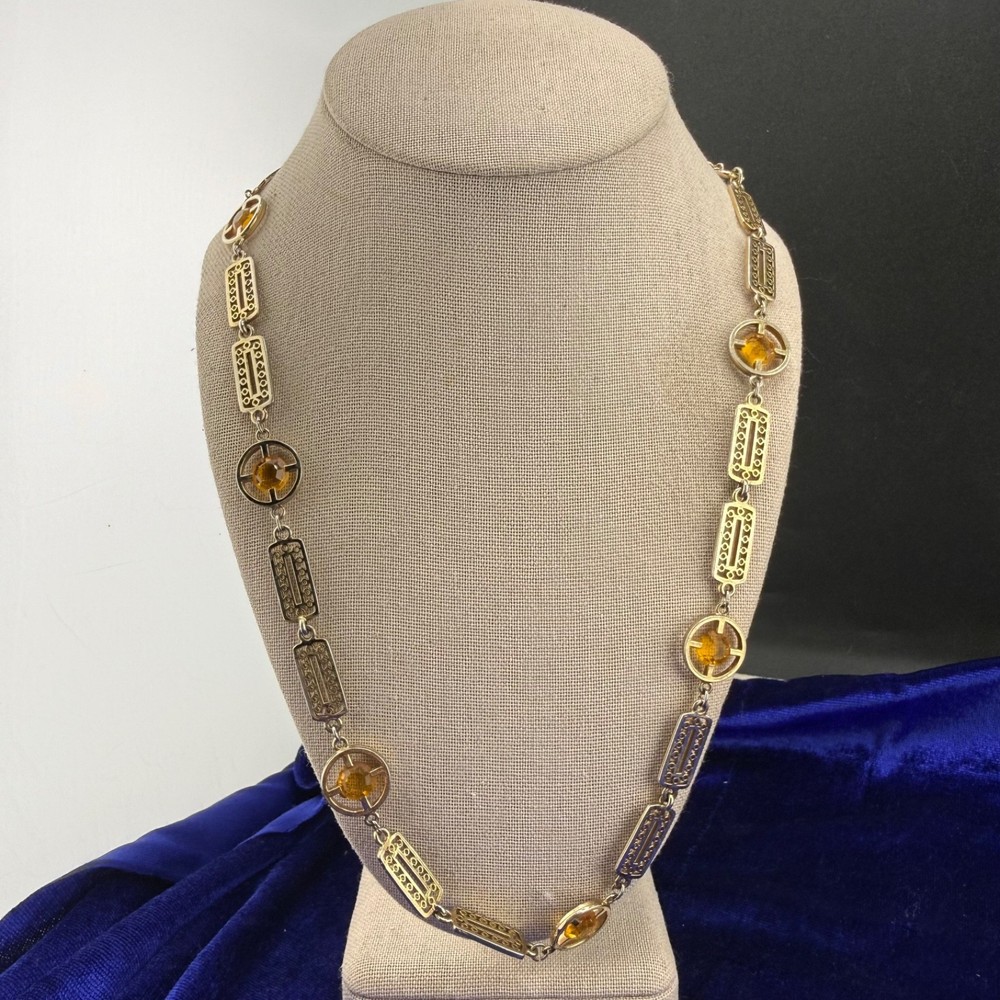 Vintage Necklace Open Bezel Gold Tone Rhinestone Filagree Flapper Opera 30”