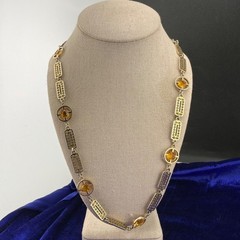 Vintage Necklace Open Bezel Gold Tone Rhinestone Filagree Flapper Opera 30”