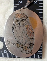 Vintage Reed & Barton Damascene Owl Pendant Silver Tone Inlaid Metal Jewelry 2.5