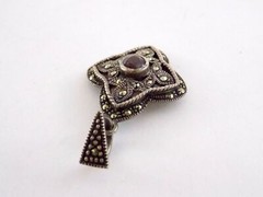 Sterling Silver Garnet Marcasite Four Sided Pendant 925 5.1g 1.25 Inches Long