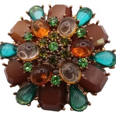 Vintage Art Deco Style Brooch Tea Brown Floral Rhinestone Acrylic Pin 2 1/4 in
