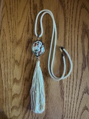 Vintage Asian Cloisonné Floral Tassel Pendent On Cream cord Necklace 30” Estate