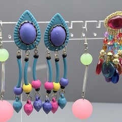 VTG 80s Post Earrings Dangle Metal Tassel Multi Color Acrylic Beads Blue Purple