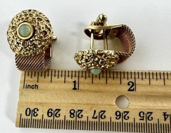 Vintage Gold Tone Mesh Wrap T-Bar Cufflinks Round Top Blue Cabochon #1705