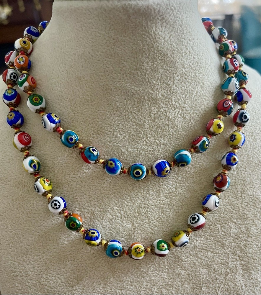 Vintage Venetian Murano Millefiori Art Glass Bead 29” Necklace Gold Silk Knots