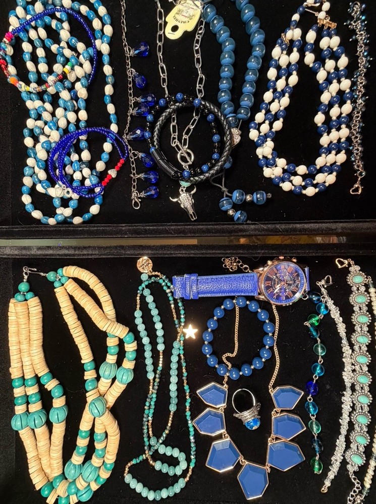 Vintage Blue Jewelry Lot Statement Necklaces Bracelets Working Watch 15 Pc
