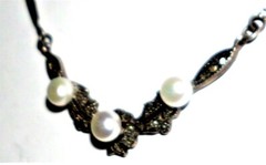 Vintage Sterlling Silver Marcasite Pearl Stationed Necklace 17″ Double Chain