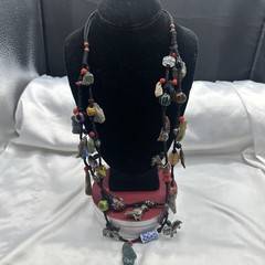 Vtg Indian Glass Beads Stone Nuggets and Seven Puffed Animals Cord Necklace.Read
